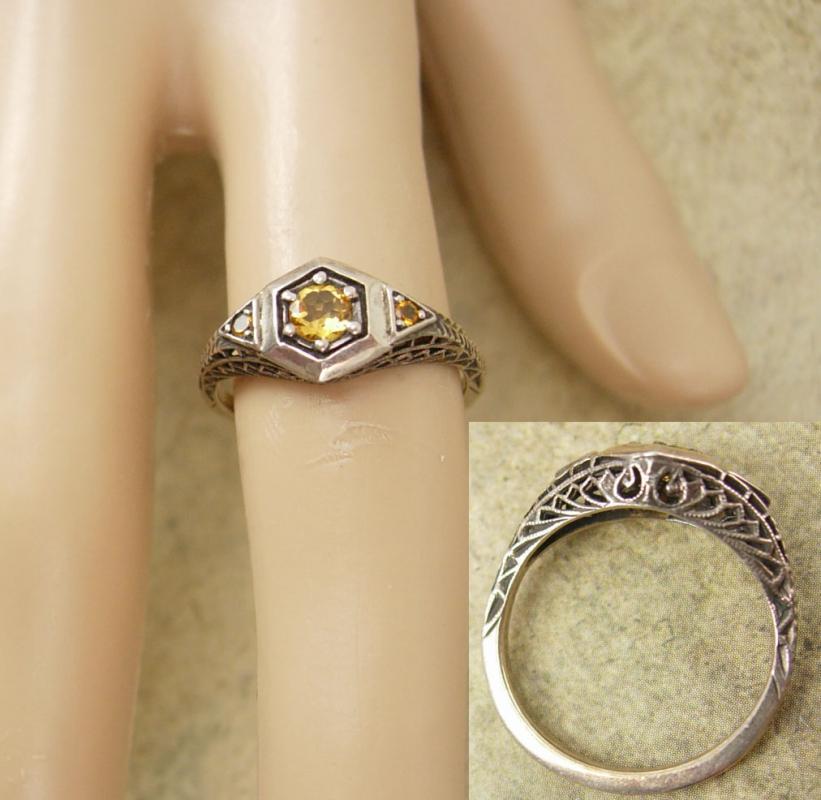 Vintage sterling DECO Ring Genuine Citrine 3/4 ct pierced metal filigree size 7