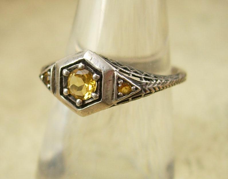 Vintage sterling DECO Ring Genuine Citrine 3/4 ct pierced metal filigree size 7