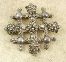Antique Byzantine Cross Brooch SIGNED Etruscan sterling