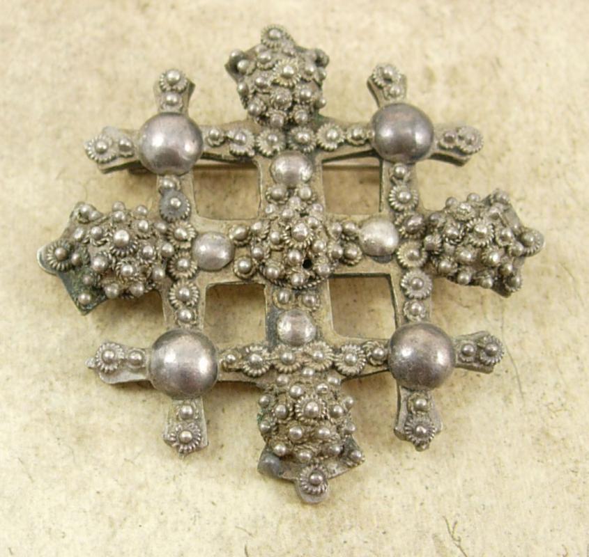 Antique Byzantine Cross Brooch SIGNED Etruscan sterling