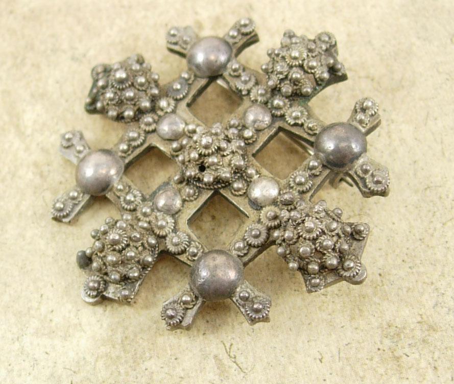 Antique Byzantine Cross Brooch SIGNED Etruscan sterling