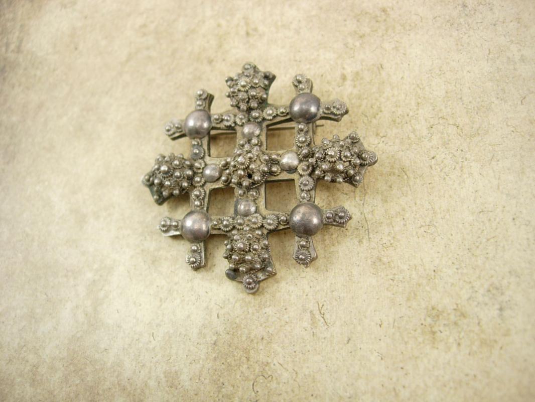 Antique Byzantine Cross Brooch SIGNED Etruscan sterling