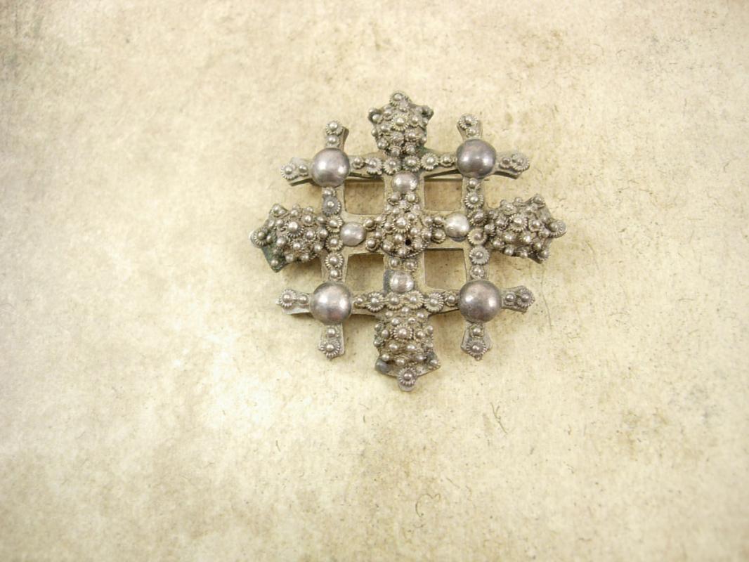 Antique Byzantine Cross Brooch SIGNED Etruscan sterling