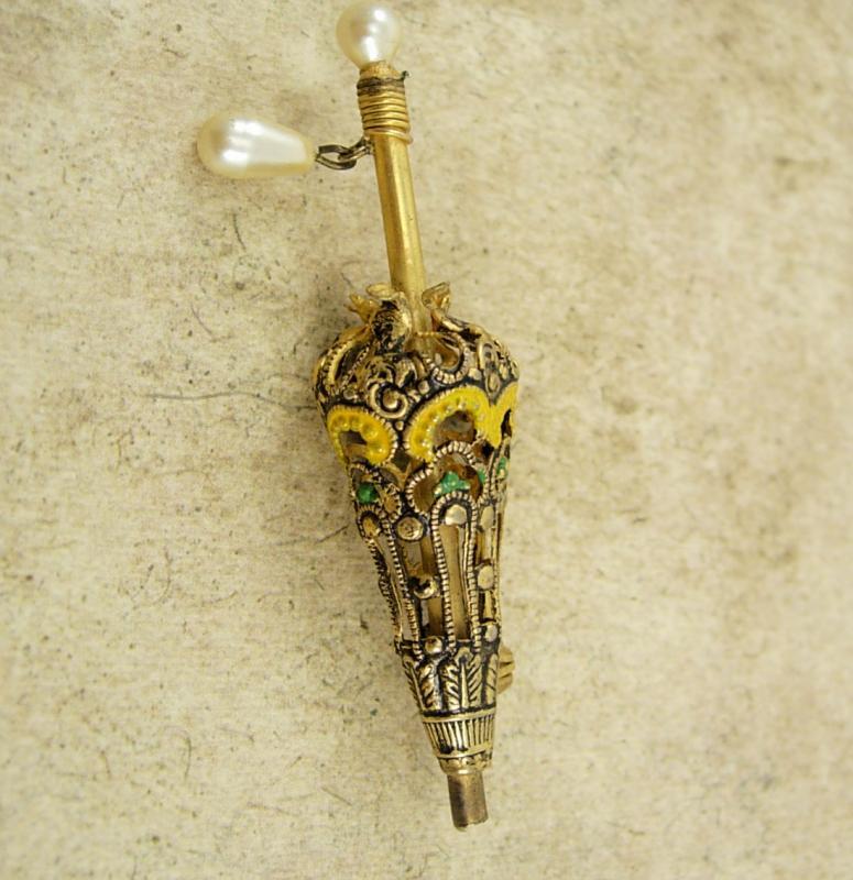 vintage MINIATURE parasol Brooch enamel filigree victorian umbrella pin