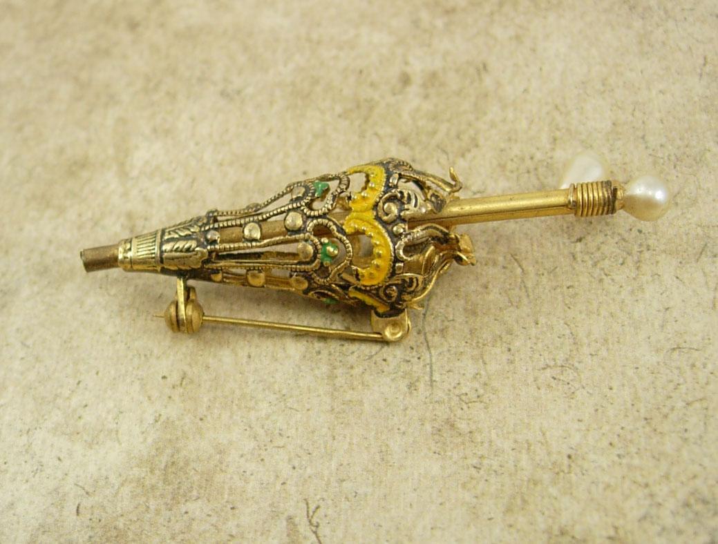 vintage MINIATURE parasol Brooch enamel filigree victorian umbrella pin
