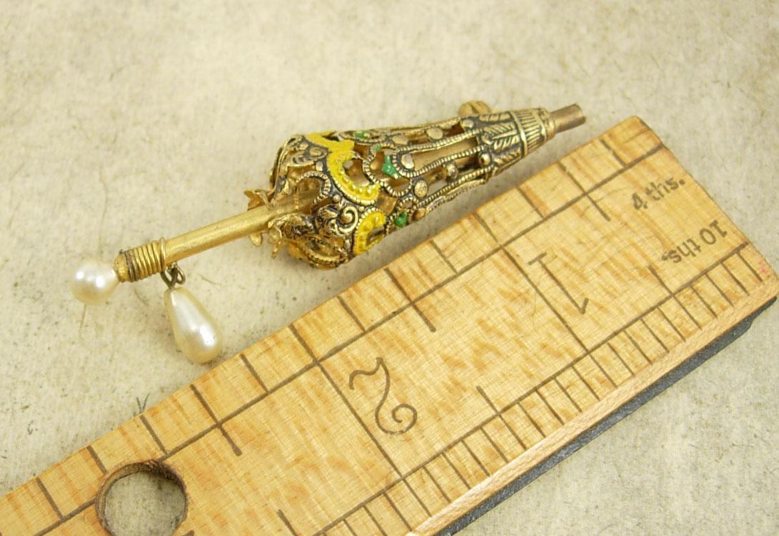 vintage MINIATURE parasol Brooch enamel filigree victorian umbrella pin