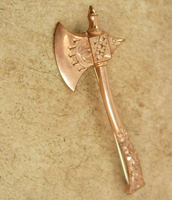 Antique 1800's brooch rose GOLD Victorian BATTLE Axe hatchet