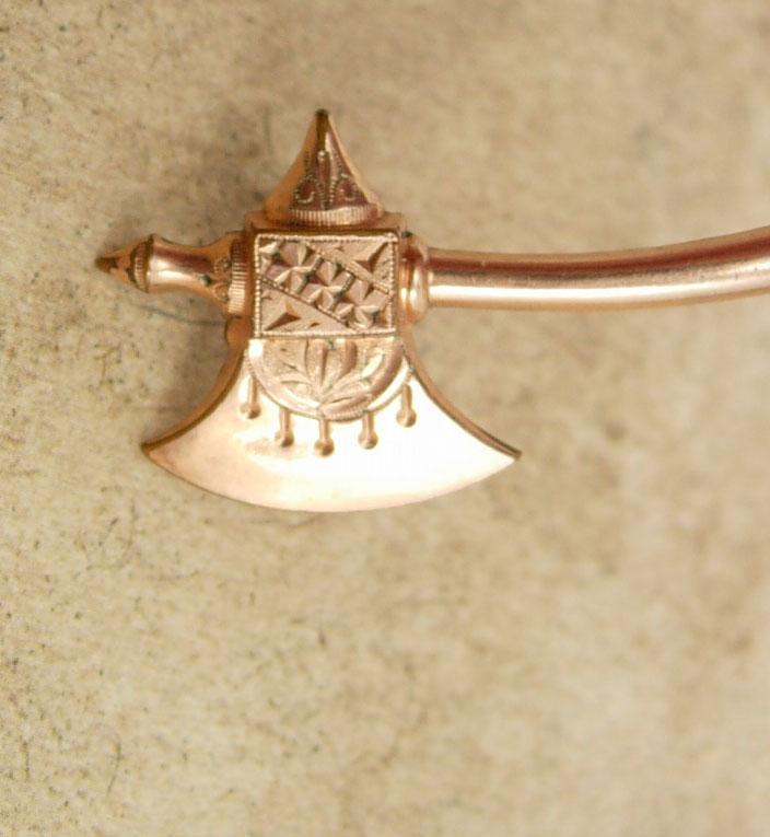 Antique 1800's brooch rose GOLD Victorian BATTLE Axe hatchet