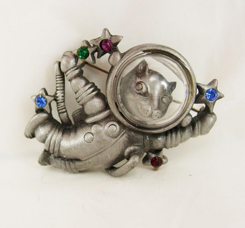 Vintage Whimsical Space Cat brooch astronaut with face mask rhinsestone stars signed