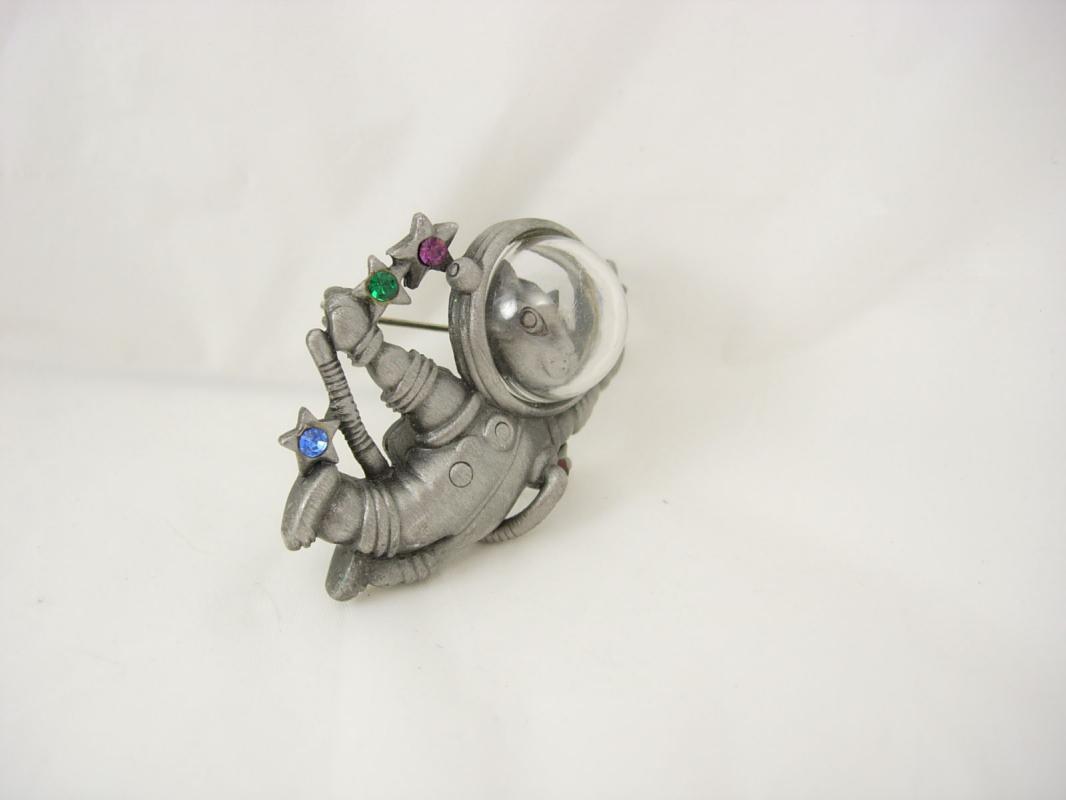 Vintage Whimsical Space Cat brooch astronaut with face mask rhinsestone stars signed
