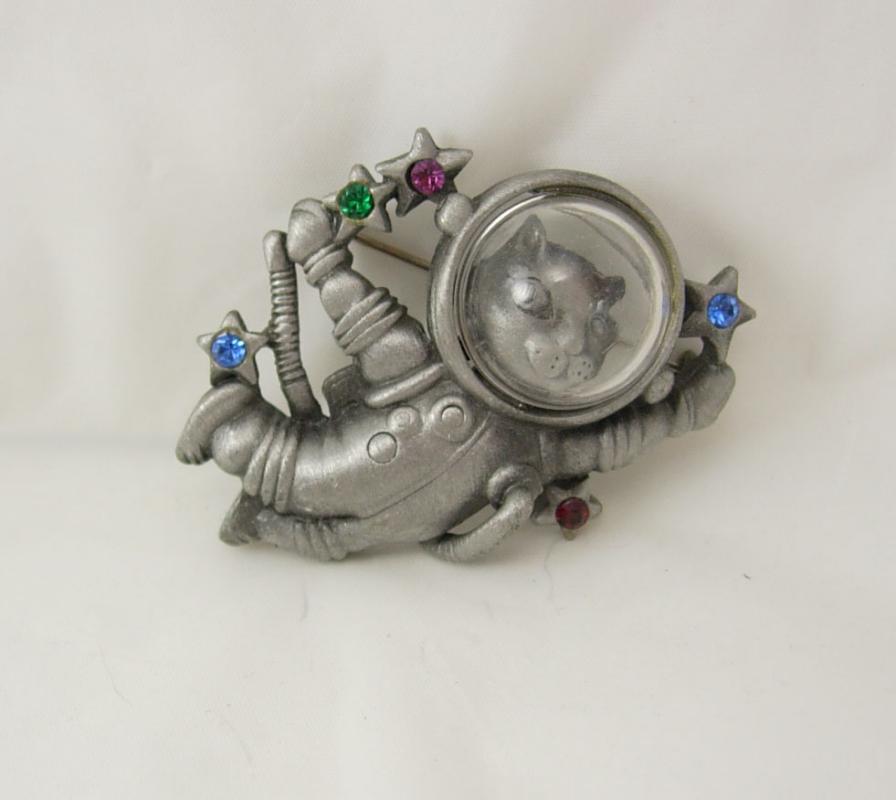 Vintage Whimsical Space Cat brooch astronaut with face mask rhinsestone stars signed