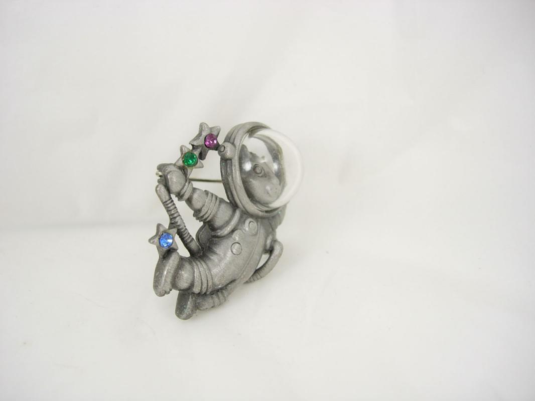 Vintage Whimsical Space Cat brooch astronaut with face mask rhinsestone stars signed