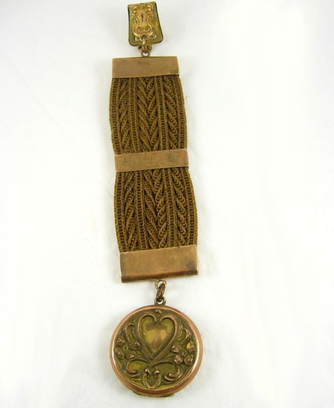Antique memorial HAIR WORK locket watch chain Dated sweetheart heart front