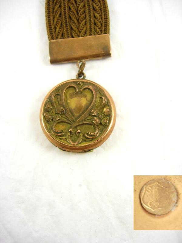 Antique memorial HAIR WORK locket watch chain Dated sweetheart heart front
