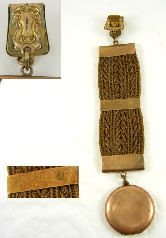 Antique memorial HAIR WORK locket watch chain Dated sweetheart heart front