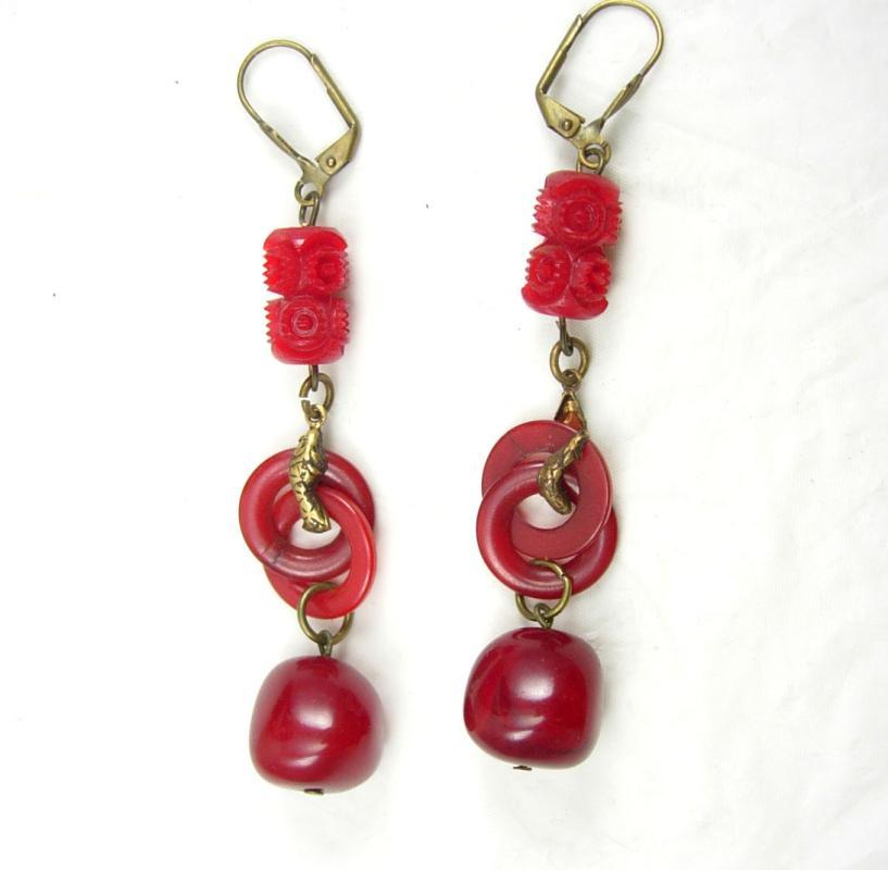Vintage Egyptian REVIVAL Earrings RED bakelite SNAKE Drop