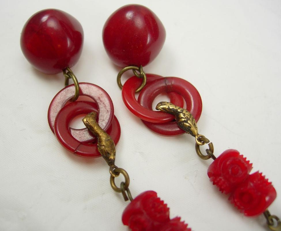 Vintage Egyptian REVIVAL Earrings RED bakelite SNAKE Drop
