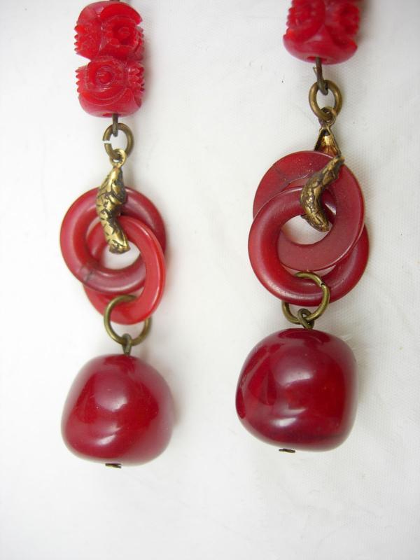 Vintage Egyptian REVIVAL Earrings RED bakelite SNAKE Drop