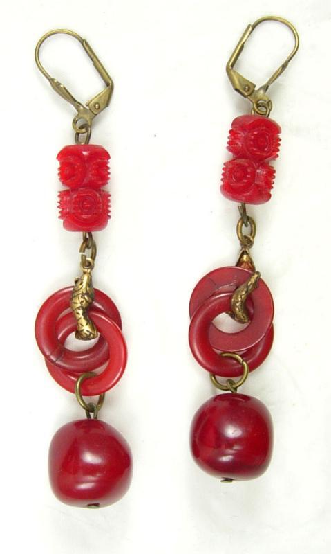 Vintage Egyptian REVIVAL Earrings RED bakelite SNAKE Drop