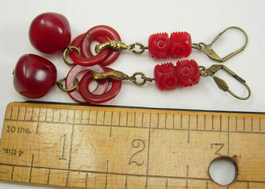 Vintage Egyptian REVIVAL Earrings RED bakelite SNAKE Drop