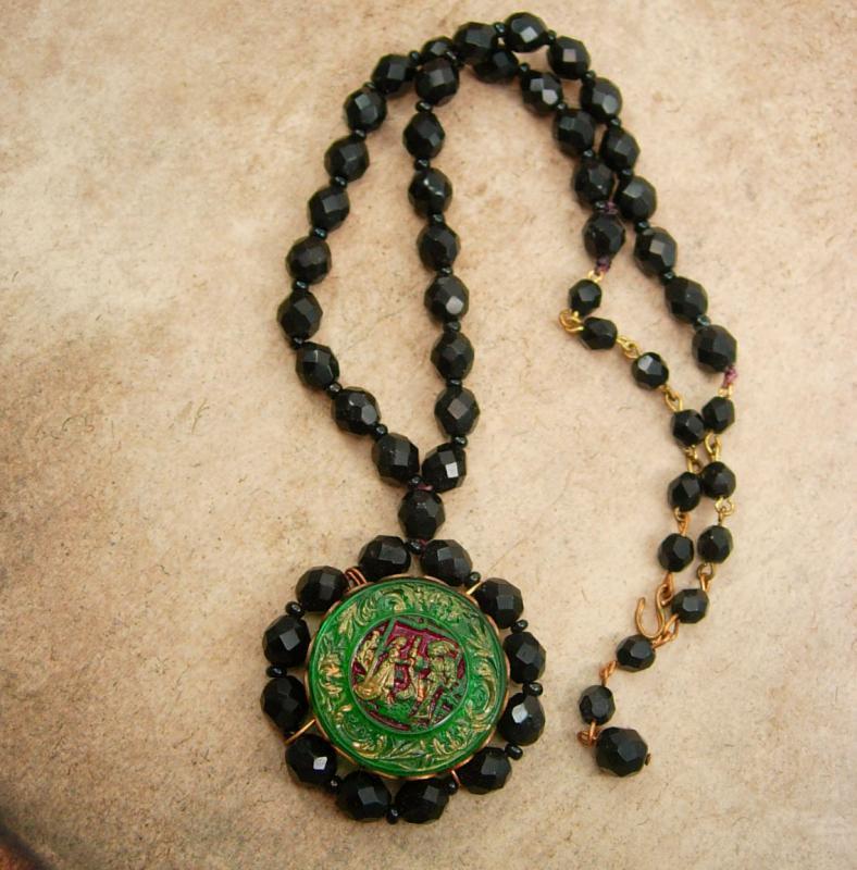 Vintage BLACK renaissance figural Necklace Sir Lancelot and Guinevere