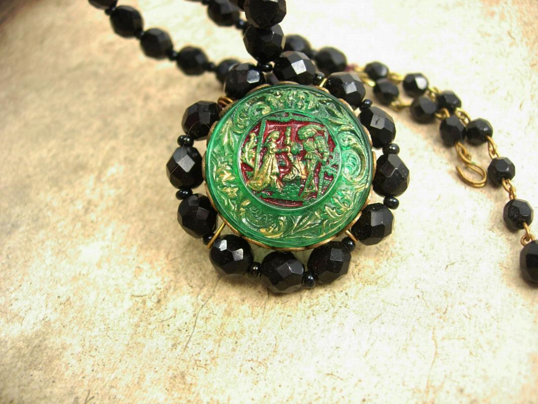 Vintage BLACK renaissance figural Necklace Sir Lancelot and Guinevere
