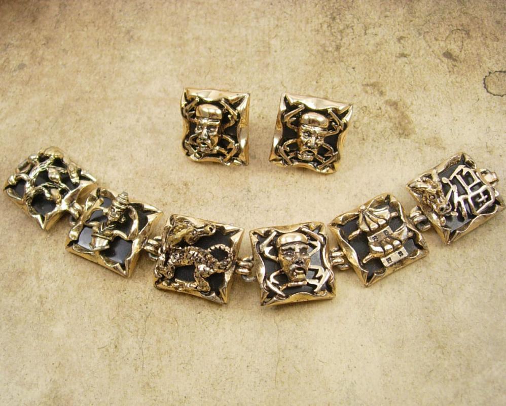 Vintage Chinese Bracelet - clip on earrings - DRAGON set - Figural Goddess - enamel God demi parure