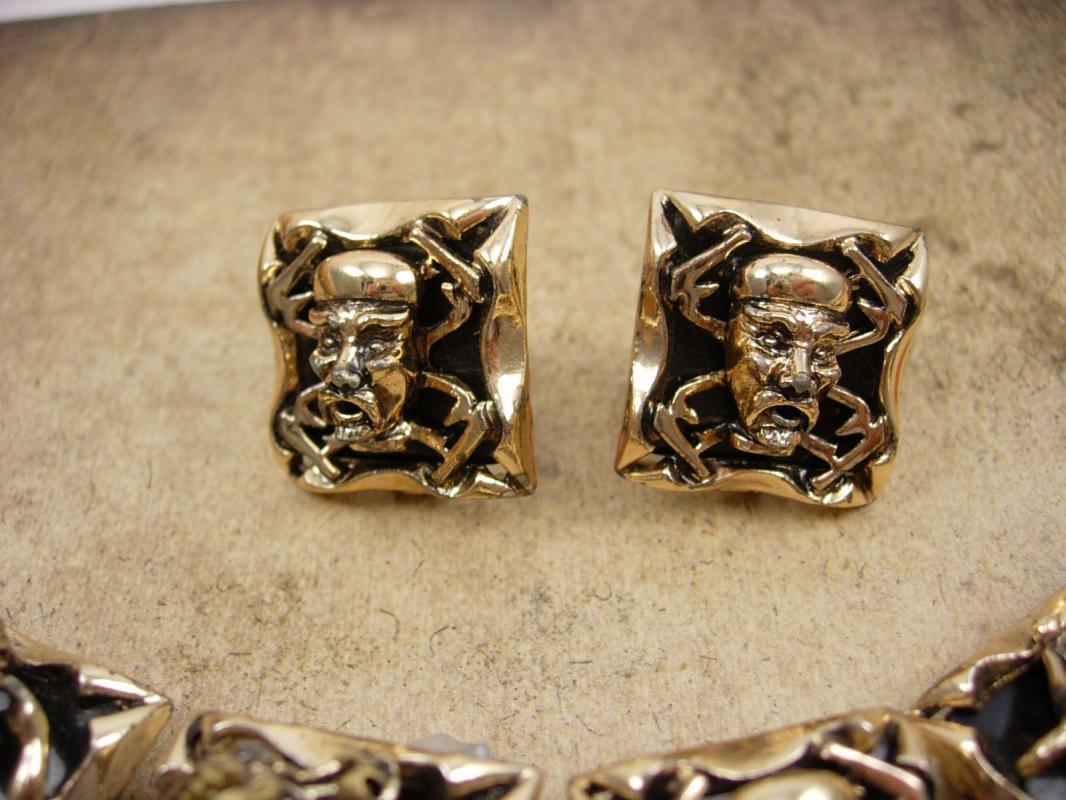 Vintage Chinese Bracelet - clip on earrings - DRAGON set - Figural Goddess - enamel God demi parure
