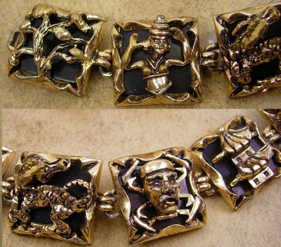 Vintage Chinese Bracelet - clip on earrings - DRAGON set - Figural Goddess - enamel God demi parure