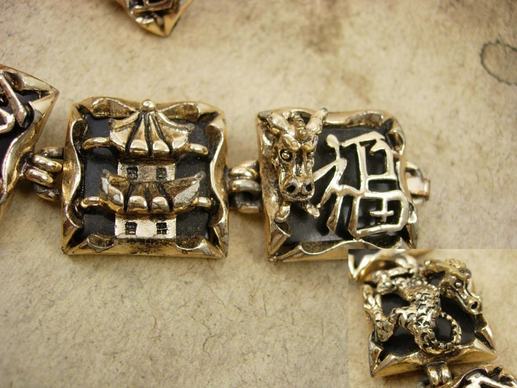 Vintage Chinese Bracelet - clip on earrings - DRAGON set - Figural Goddess - enamel God demi parure