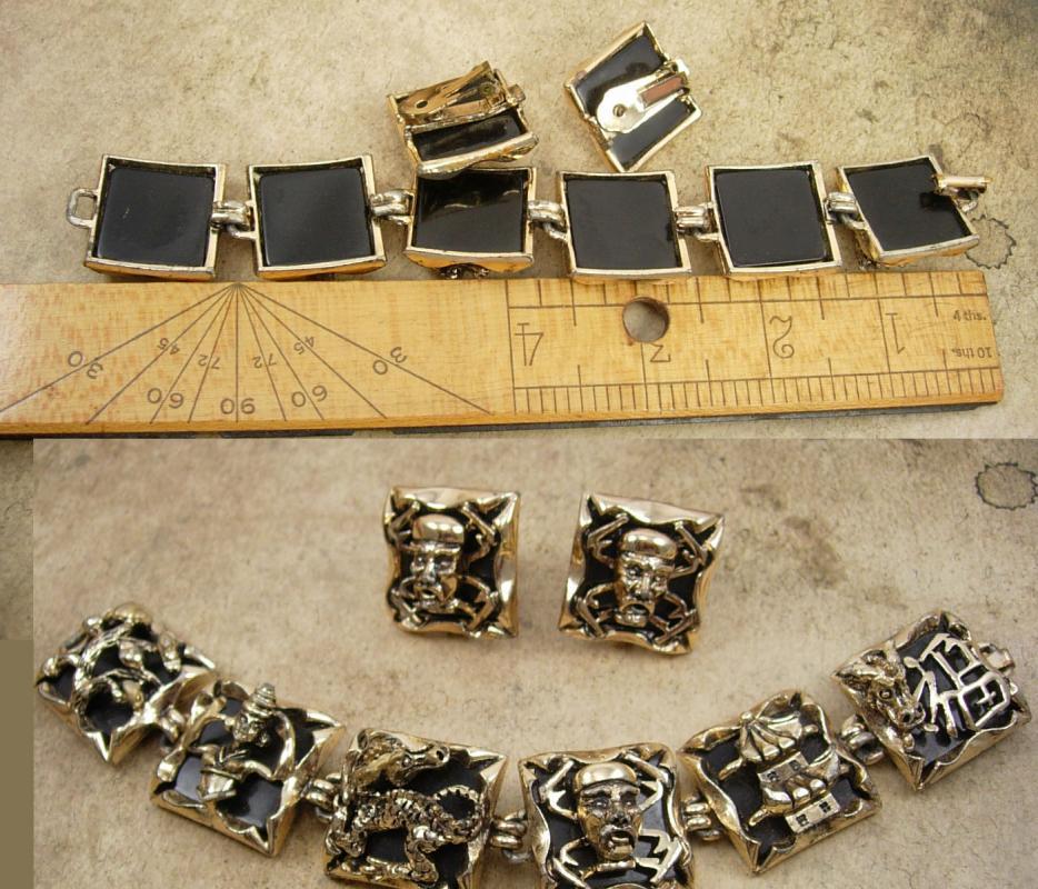 Vintage Chinese Bracelet - clip on earrings - DRAGON set - Figural Goddess - enamel God demi parure