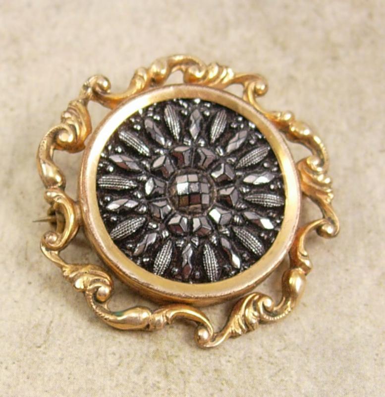 Antique Victorian Brooch mourning black jet lamode button pin