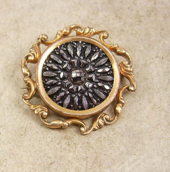 Antique Victorian Brooch mourning black jet lamode button pin