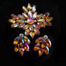 Statement demi Parure Vintage BRooch earrings NY Designer WATERMELON RHINESTONE long navettes