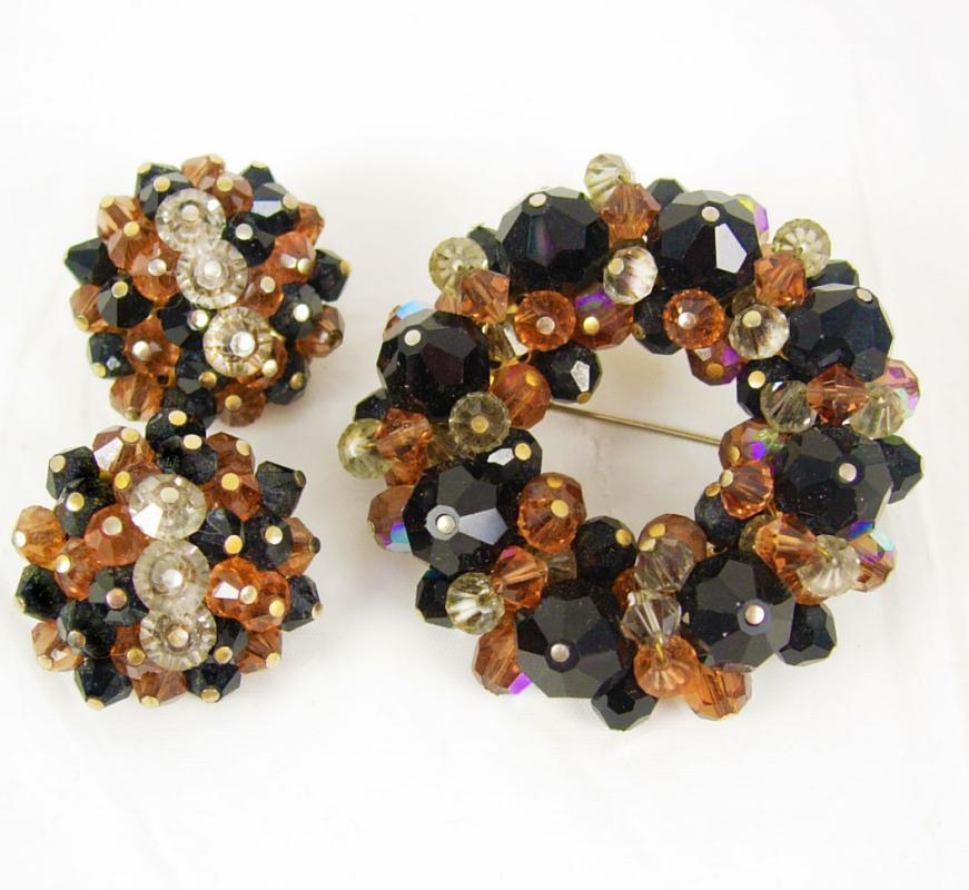 Laguna SIGNED CHUNKY Brooch earrings Glass DEMI Parure Glitzy Vintage