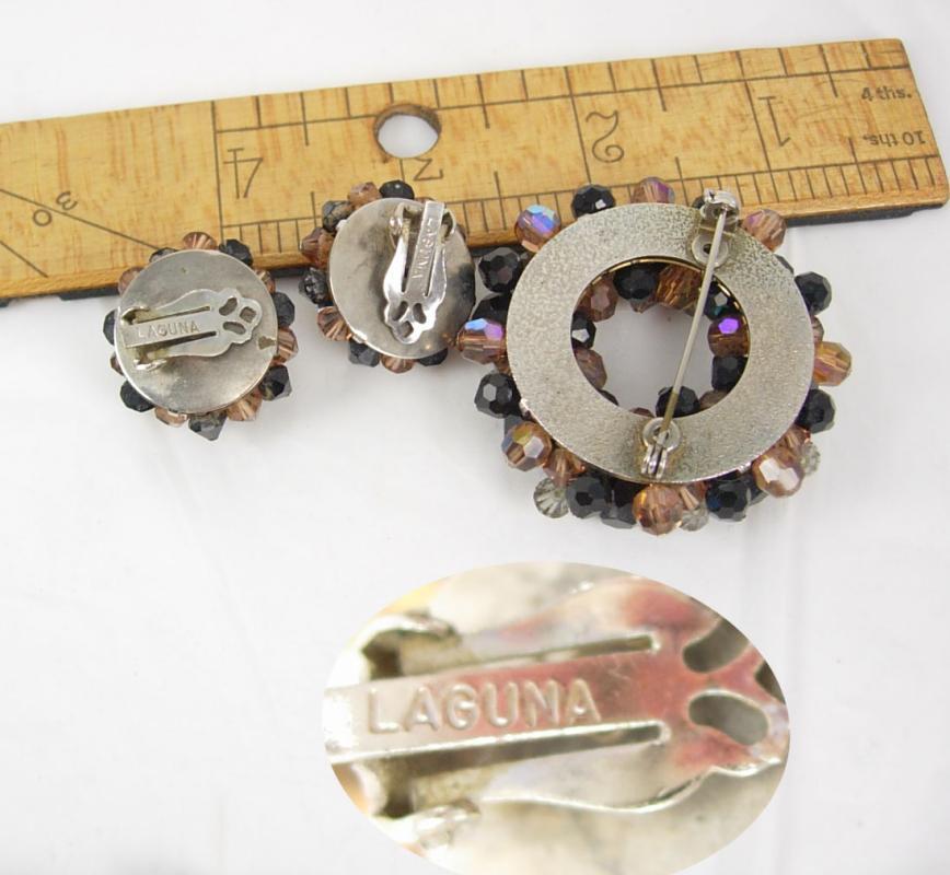 Laguna SIGNED CHUNKY Brooch earrings Glass DEMI Parure Glitzy Vintage