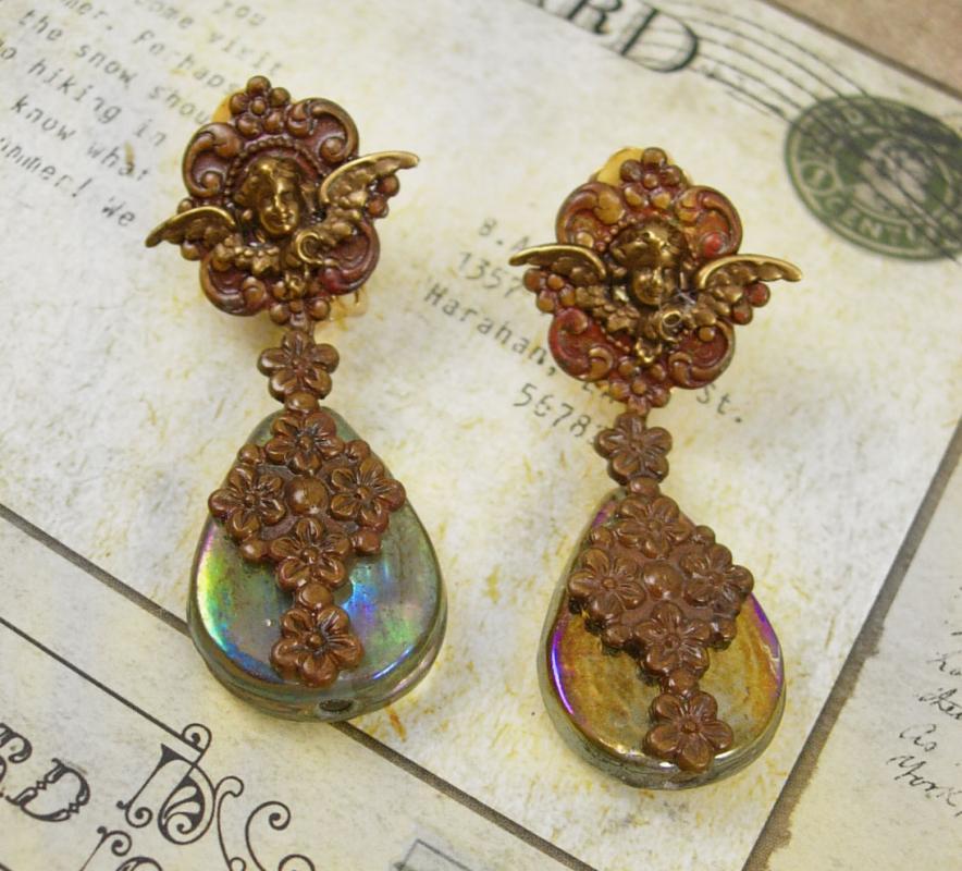 Vintage VIctorian Cherub Earrings with aurora borealis sea glass chandelier drops