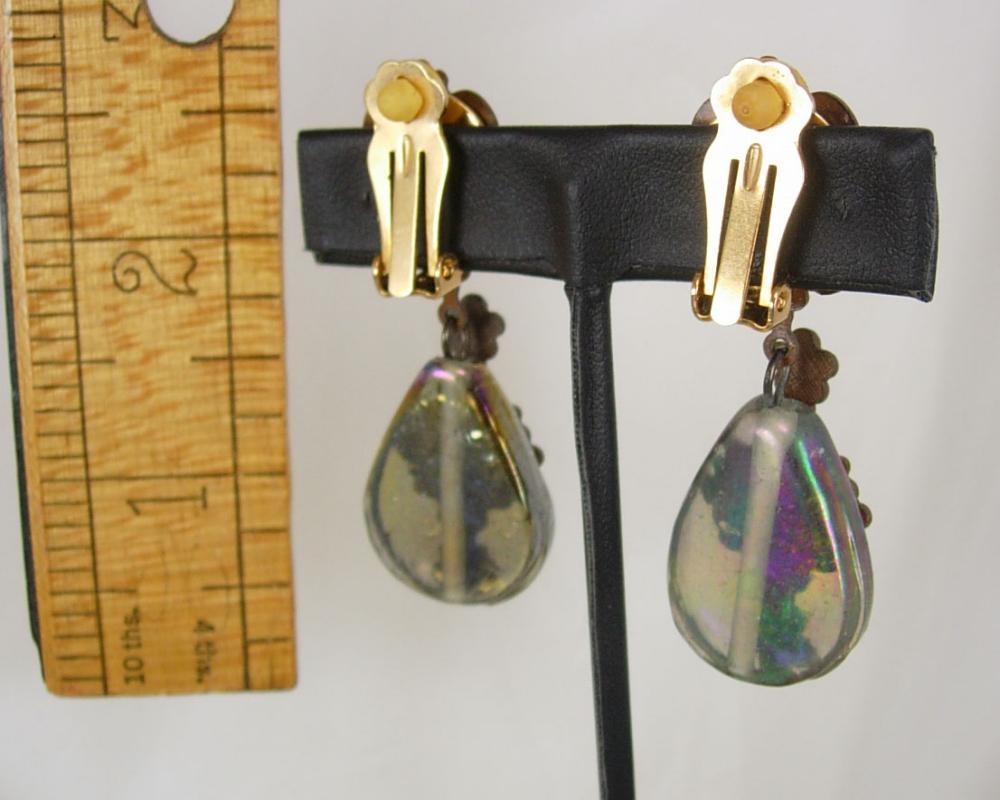 Vintage VIctorian Cherub Earrings with aurora borealis sea glass chandelier drops
