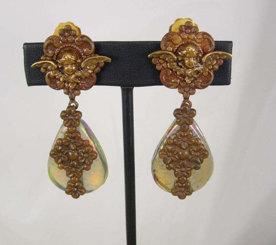 Vintage VIctorian Cherub Earrings with aurora borealis sea glass chandelier drops