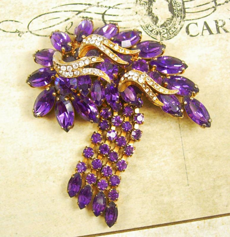 Vintage SIGNED Brooch HOBE HUGE extravagant Chandelier rhinestone purple tassels