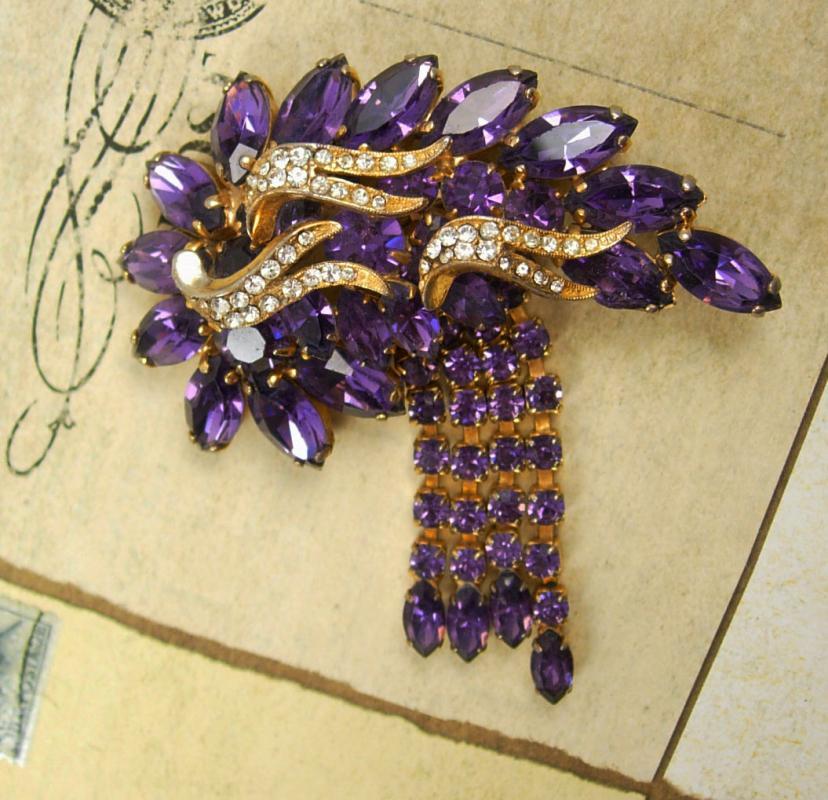 Vintage SIGNED Brooch HOBE HUGE extravagant Chandelier rhinestone purple tassels