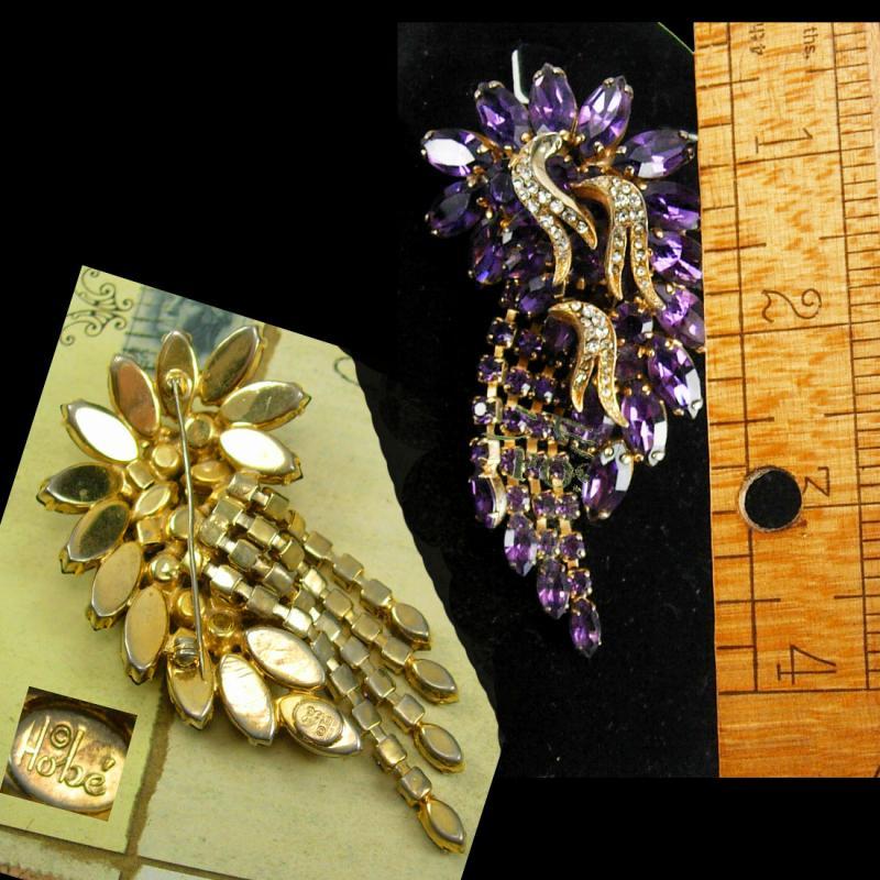 Vintage SIGNED Brooch HOBE HUGE extravagant Chandelier rhinestone purple tassels