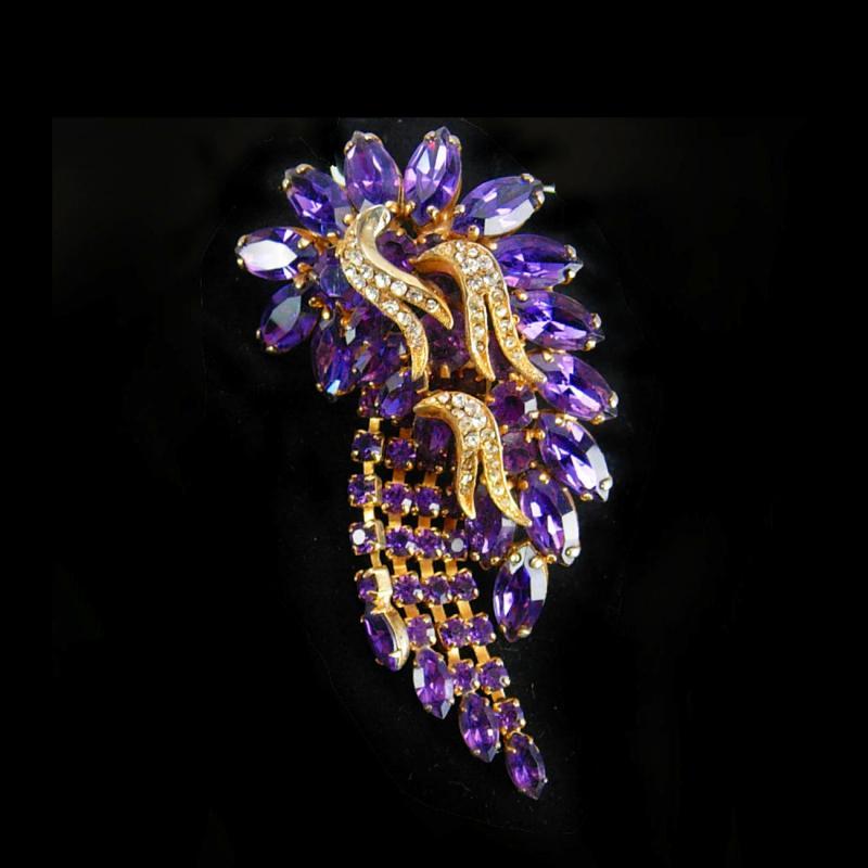 Vintage SIGNED Brooch HOBE HUGE extravagant Chandelier rhinestone purple tassels
