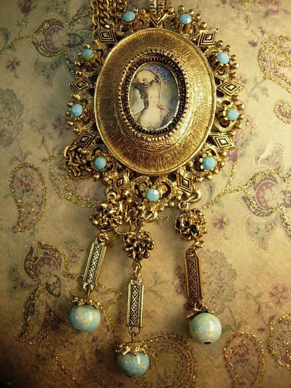 Marie Antoinette necklace portrait pendant fringe turquoise drops huge dramatic French Queen