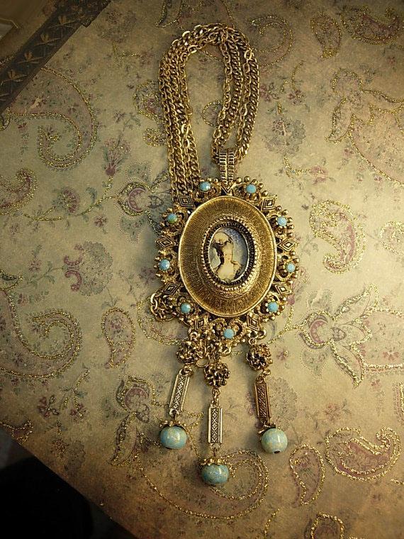 Marie Antoinette necklace portrait pendant fringe turquoise drops huge dramatic French Queen