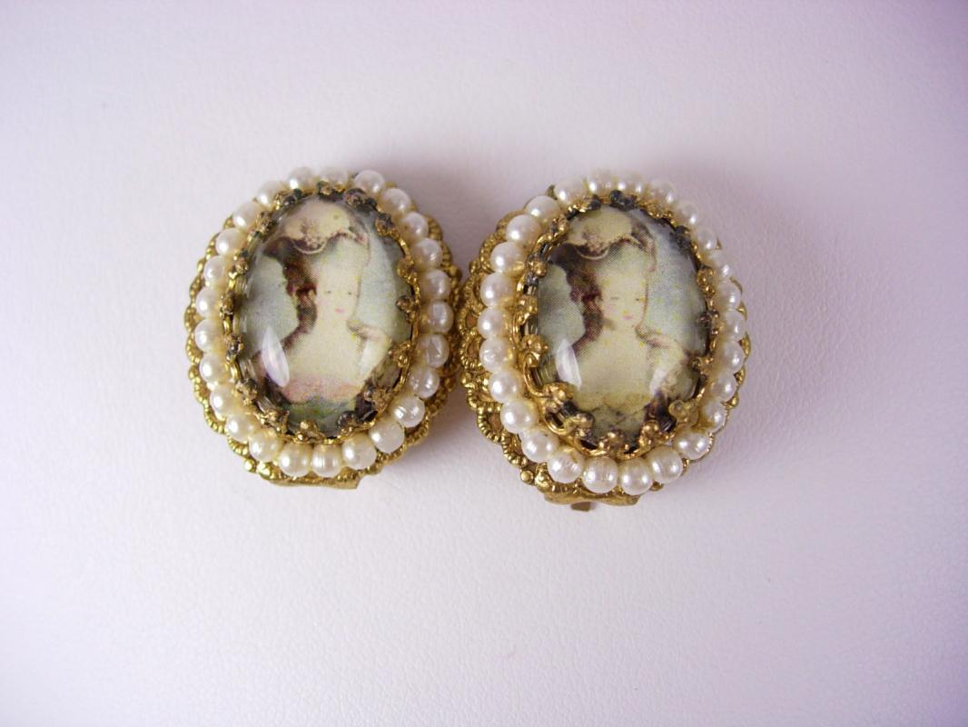 Vintage Marie Antoinette earrings Edwardian seed pearl clip on West Germany