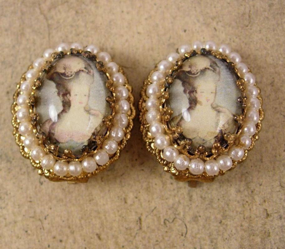 Vintage Marie Antoinette earrings Edwardian seed pearl clip on West Germany