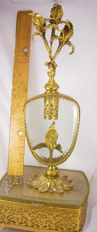 Huge antique Ormolu Perfume bottle Footed bottom beveled glass Art nouveau