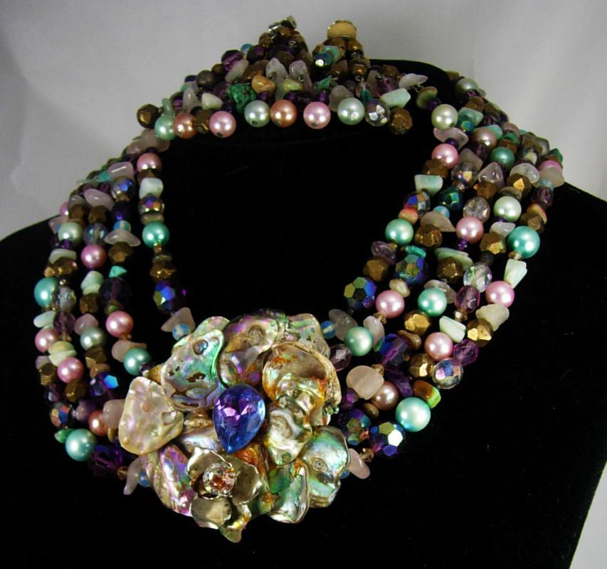 Vintage Statement necklace Earrings gemstones pearls chandelier drops HUGE set