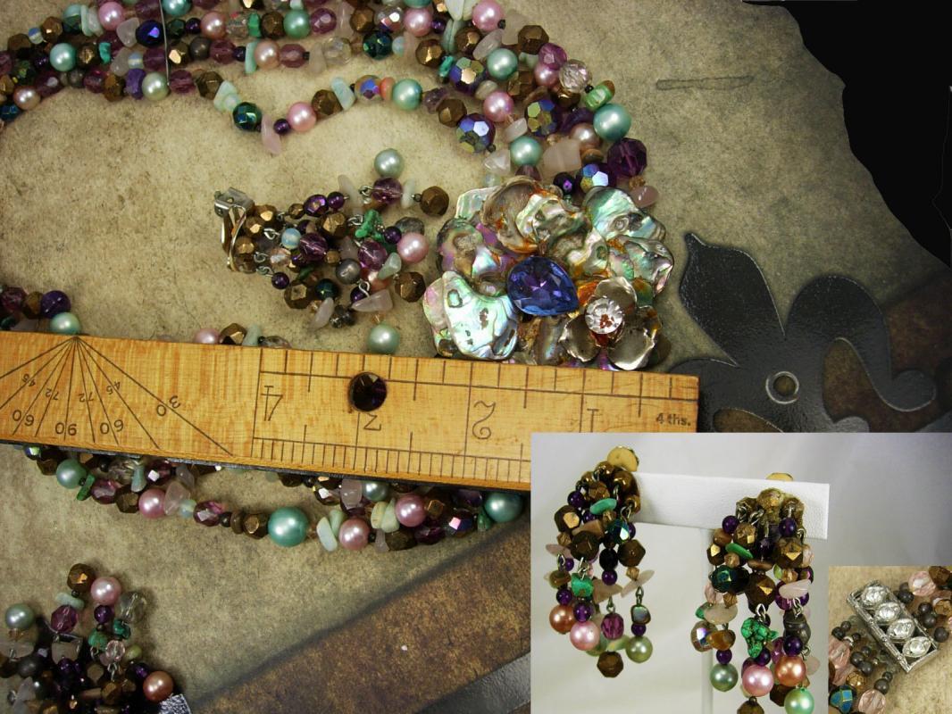Vintage Statement necklace Earrings gemstones pearls chandelier drops HUGE set